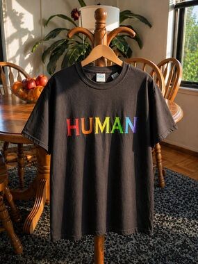 Rainbow HUMAN Graphic Tee Black Unisex Size L Pride Statement Shirt NWT